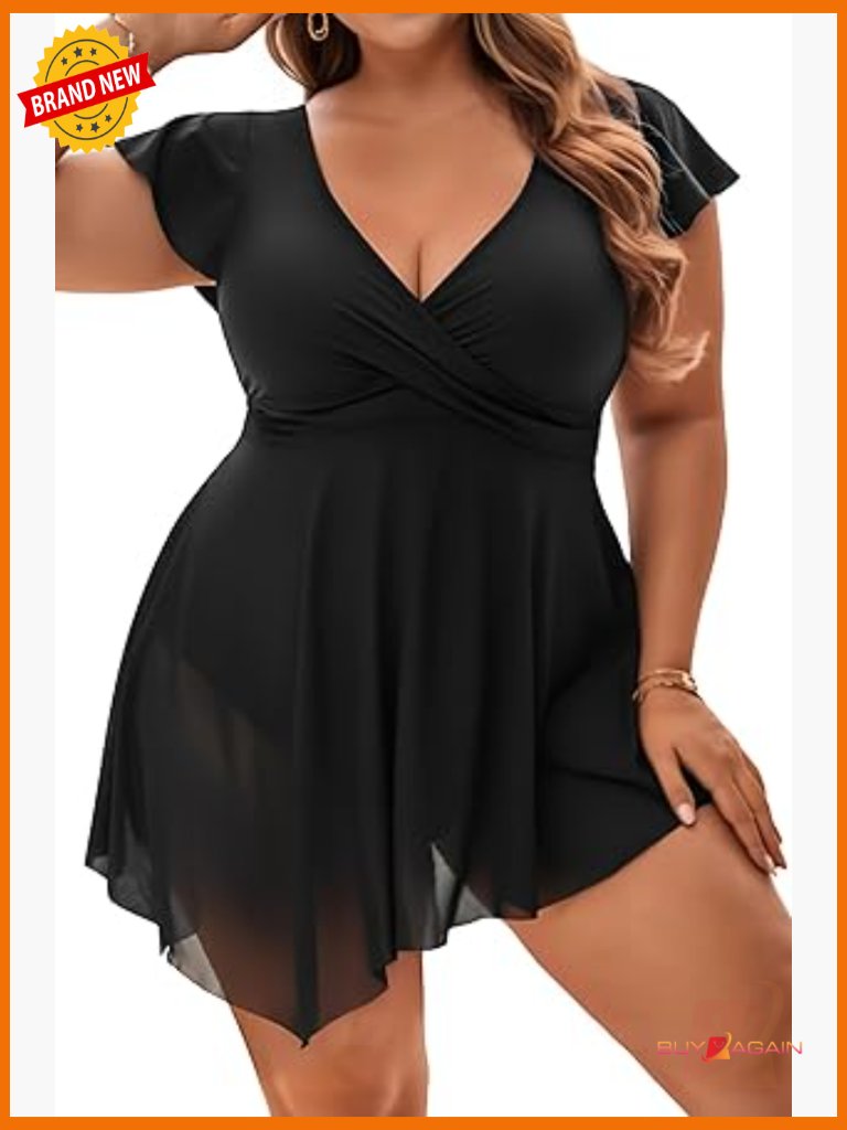 Plus Size Tummy Control One Piece Swim Dress With Sleeve
